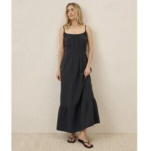 Pact Coastal Double Gauze Maxi Tiered Dress Women's XL Black Organic Cotton NWT